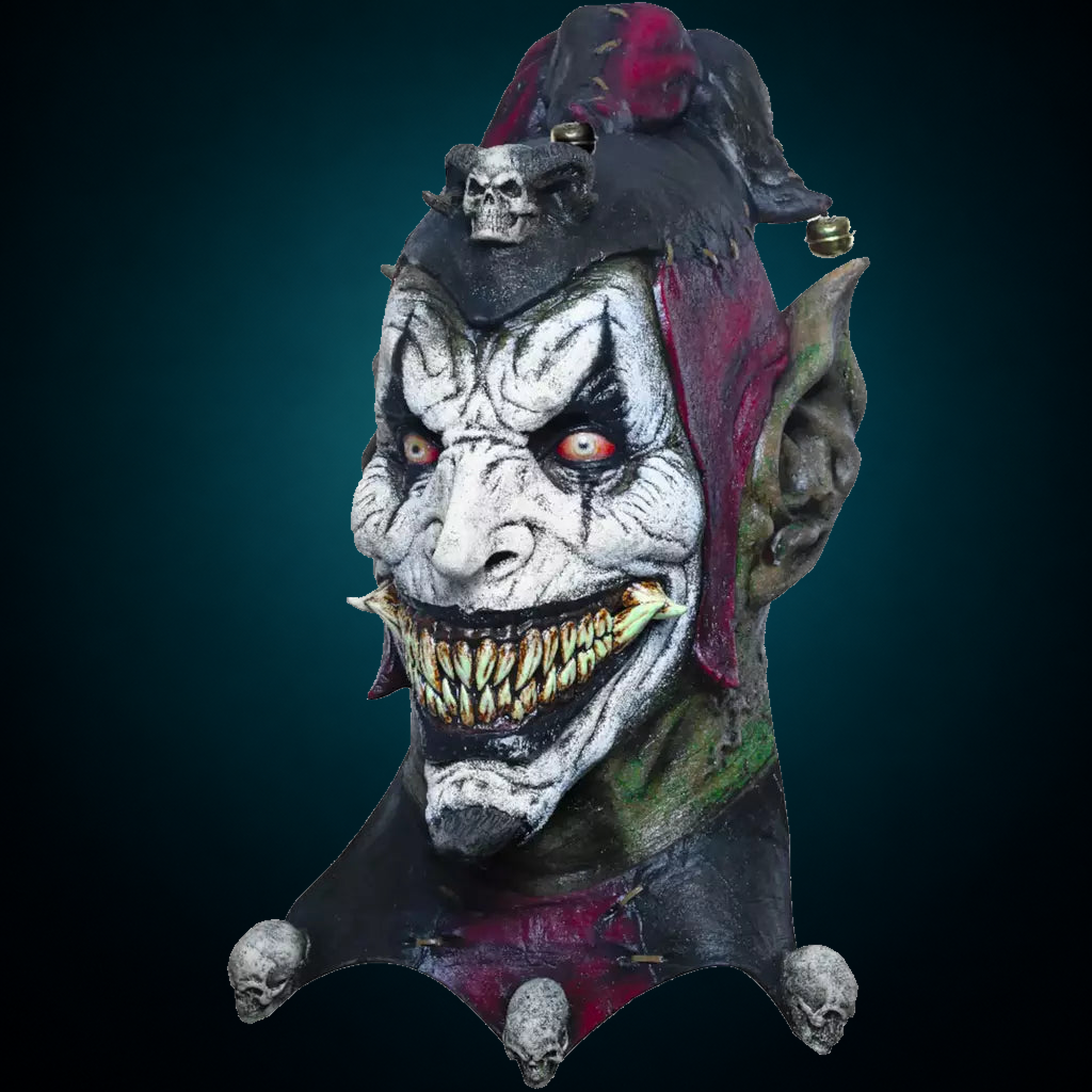 Jesterblin mask, view 2, against consistent dark petrol teal gradient