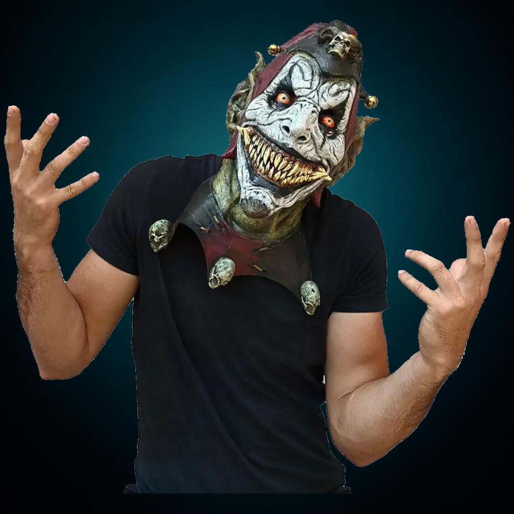 Jesterblin mask, view 7, against consistent dark petrol teal gradient