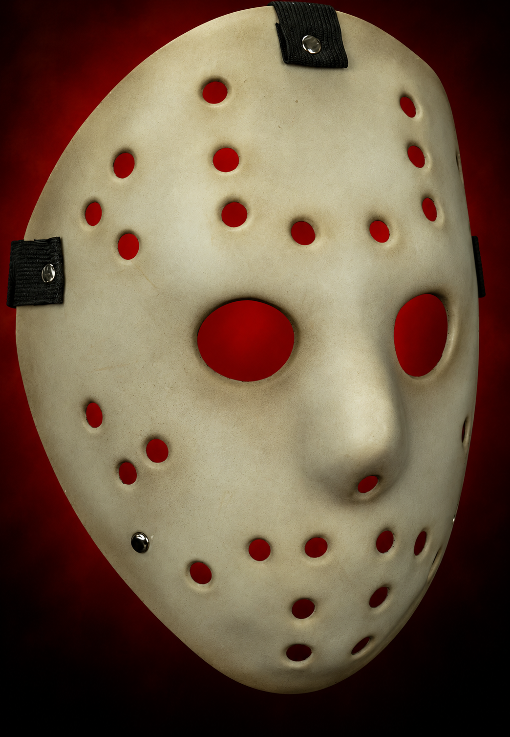 Killer Goalie Antique Mabry Monsters hockey mask, right-facing angled view with red gradient visible through openings