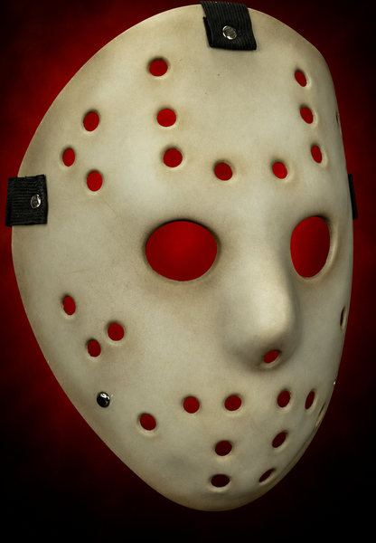 Killer Goalie Antique Mabry Monsters hockey mask, right-facing angled view with red gradient visible through openings