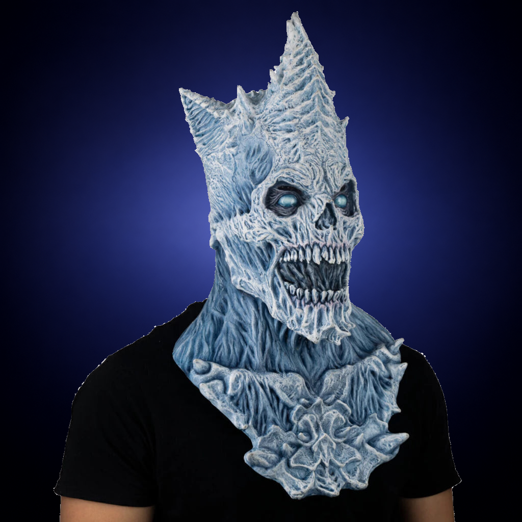 King Reaper Ice mask, view 3, against consistent smooth dark indigo gradient