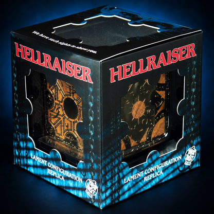 Lament Configuration Hellraiser collector packaging with dark blue studio background