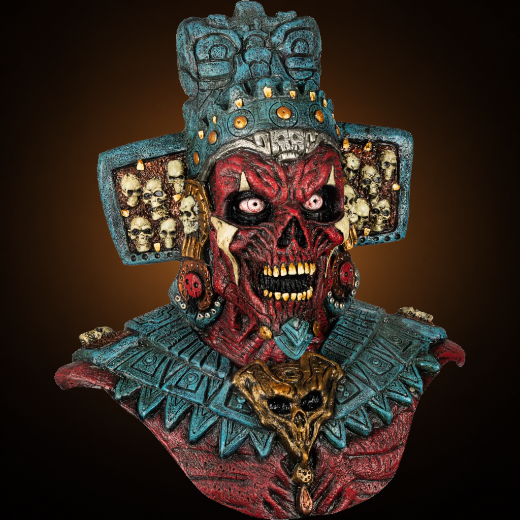 Mictlantecuchtli mask, view 1, against consistent smooth dark bronze amber gradient