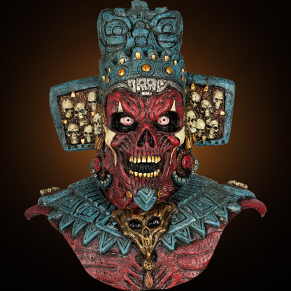 Mictlantecuchtli mask, view 2, against consistent smooth dark bronze amber gradient