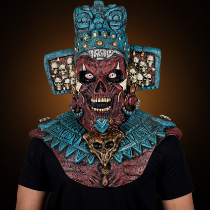 Mictlantecuchtli mask, view 3, against consistent smooth dark bronze amber gradient