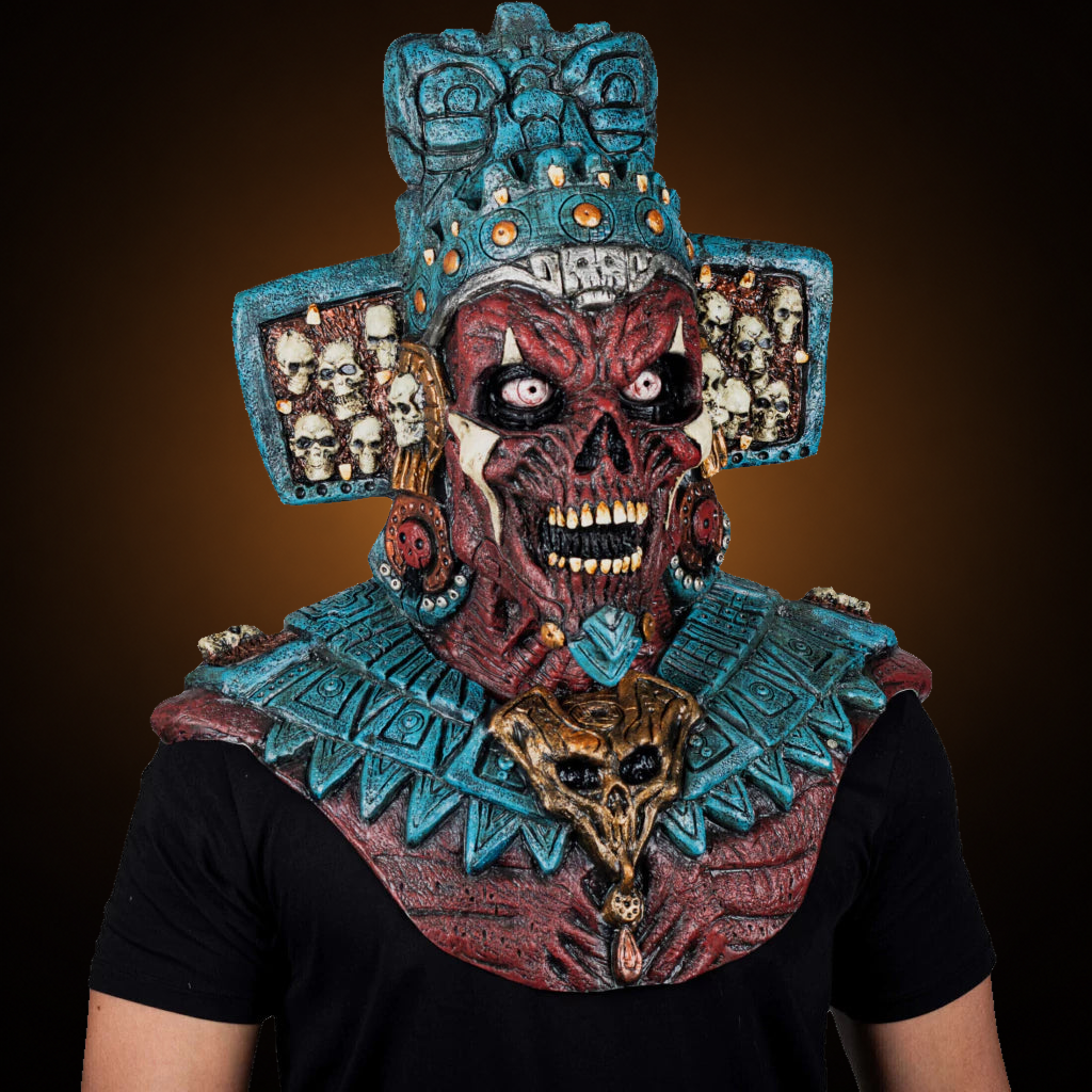 Mictlantecuchtli mask, view 4, against consistent smooth dark bronze amber gradient