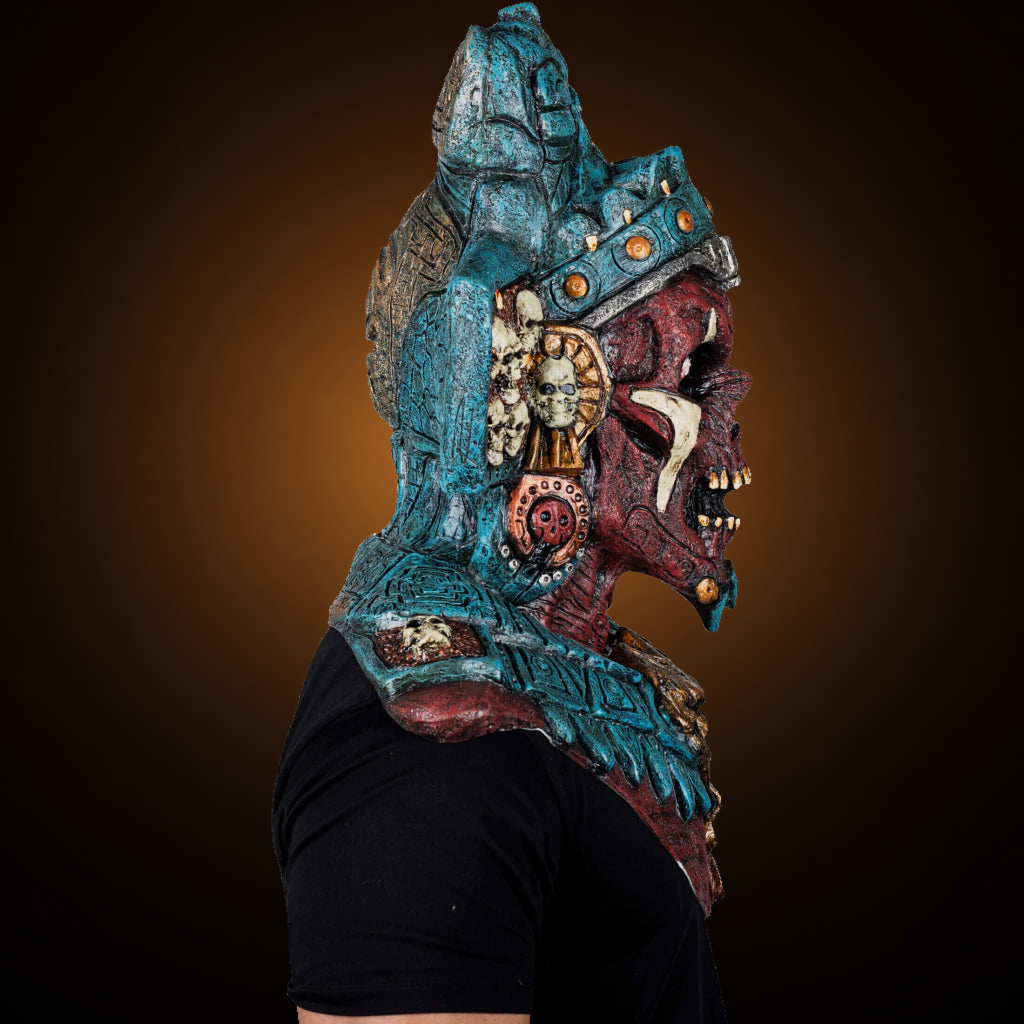 Mictlantecuchtli mask, view 5, against consistent smooth dark bronze amber gradient