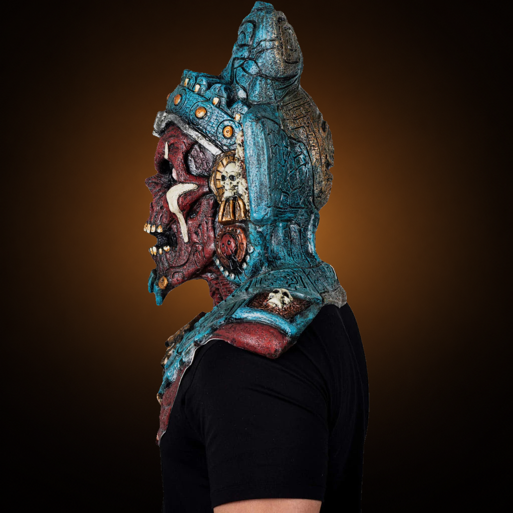 Mictlantecuchtli mask, view 6, against consistent smooth dark bronze amber gradient