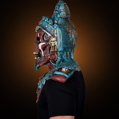 Mictlantecuchtli mask, view 6, against consistent smooth dark bronze amber gradient