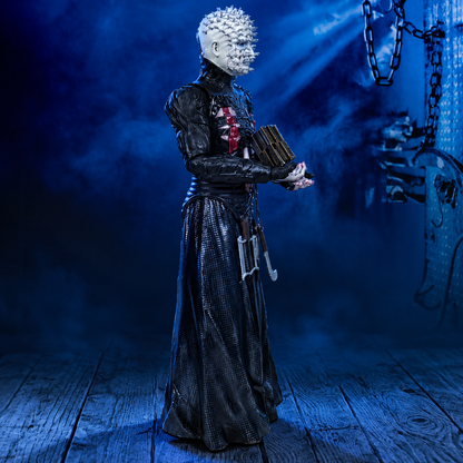Pinhead 8-inch Hellraiser figure, right-facing side view against a blue industrial background