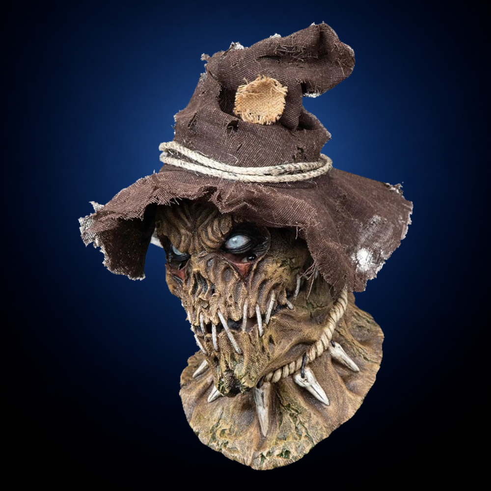 Possessed Scarecrow mask, view 1, against consistent smooth dark midnight blue gradient