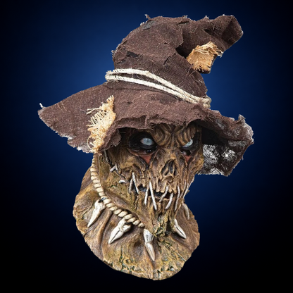 Possessed Scarecrow mask, view 2, against consistent smooth dark midnight blue gradient