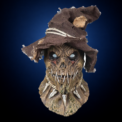 Possessed Scarecrow mask, view 3, against consistent smooth dark midnight blue gradient