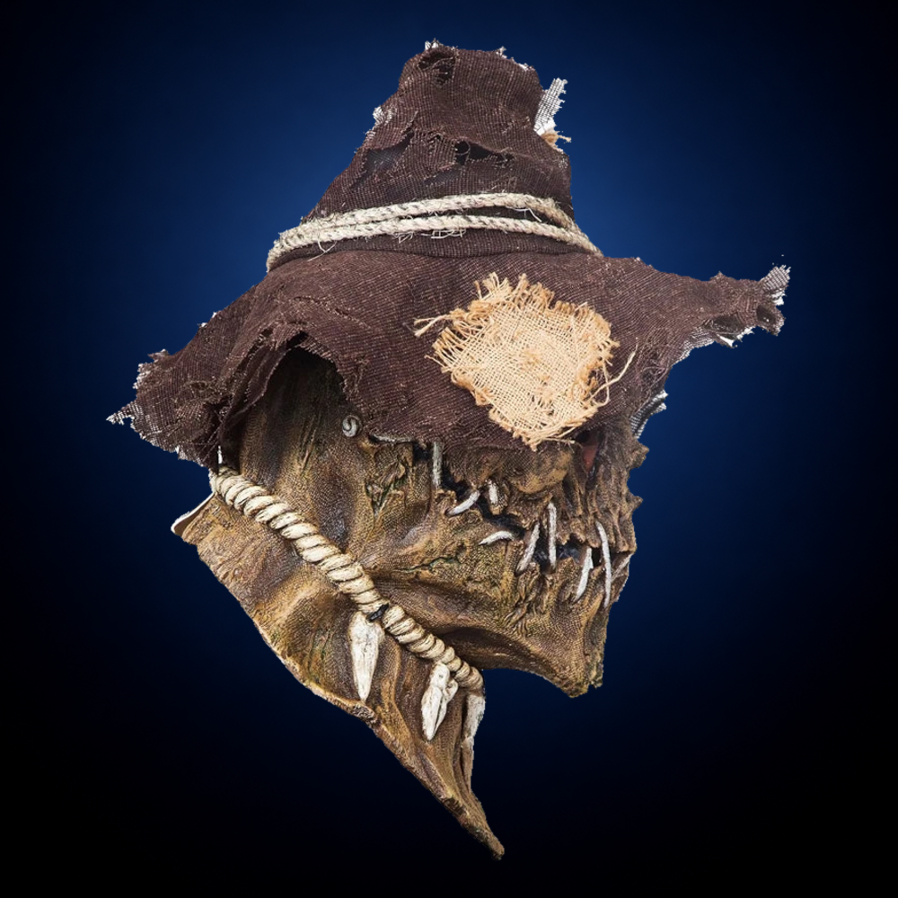 Possessed Scarecrow mask, view 4, against consistent smooth dark midnight blue gradient