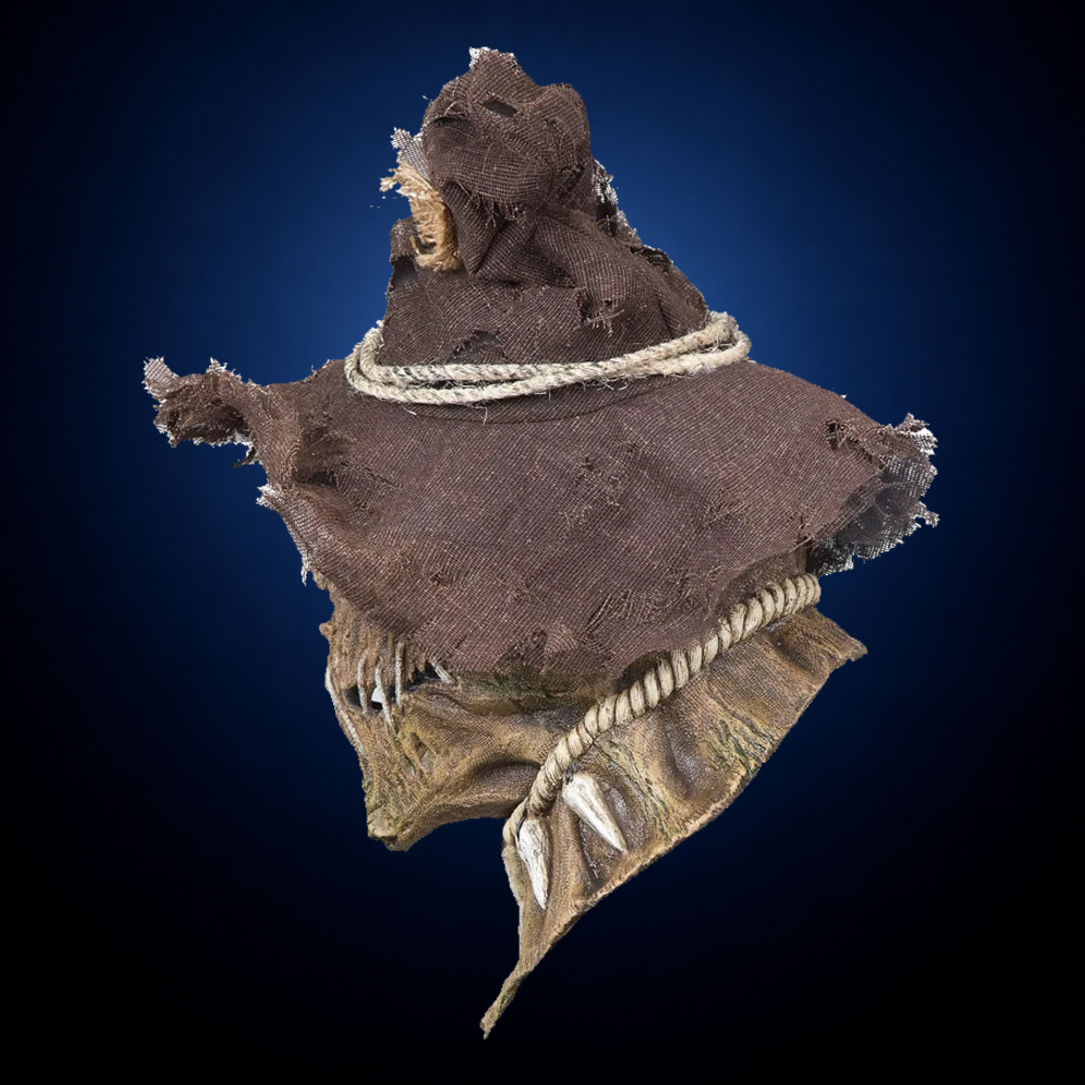 Possessed Scarecrow mask, view 5, against consistent smooth dark midnight blue gradient