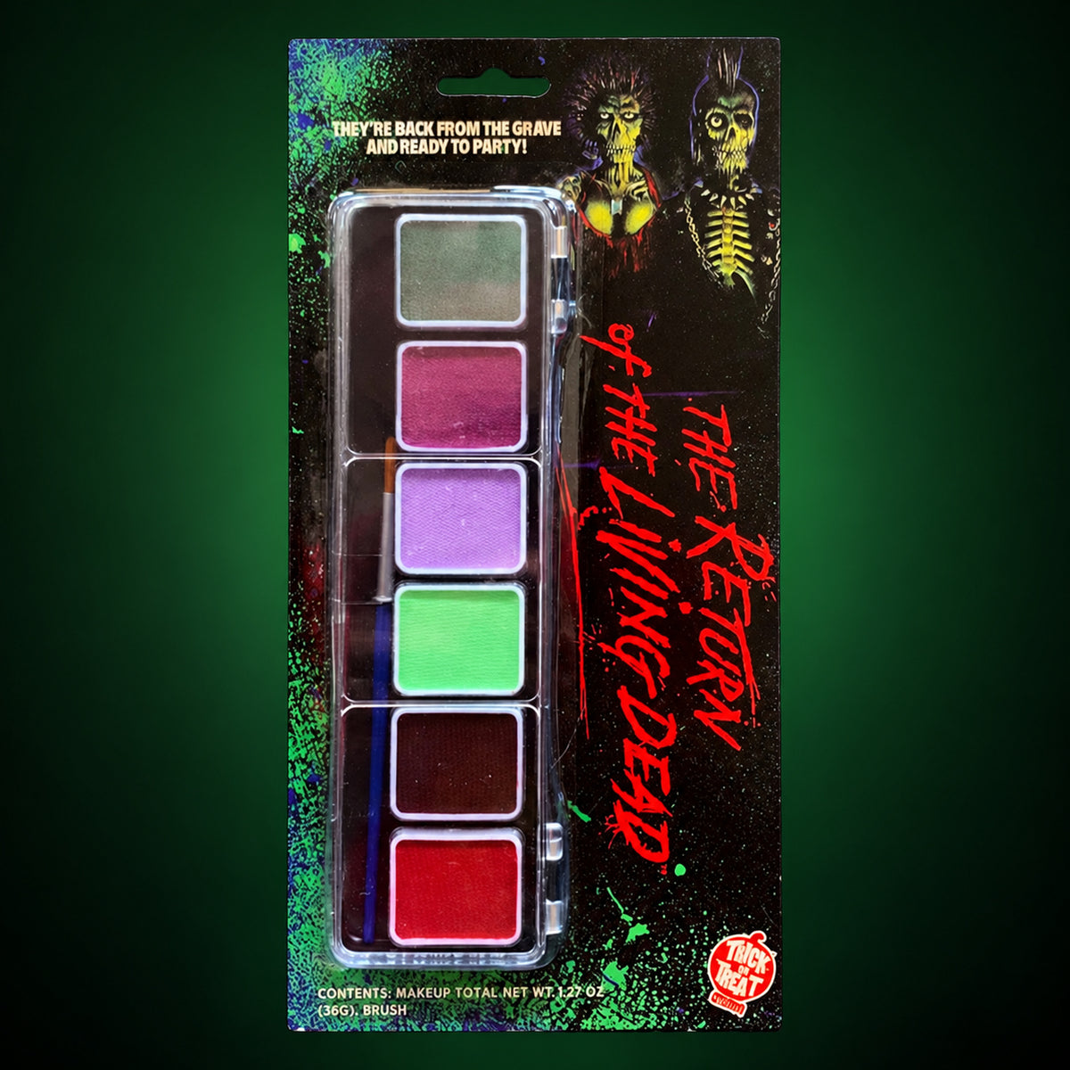 Return of the Living Dead makeup kit packaging on dark forest-green gradient