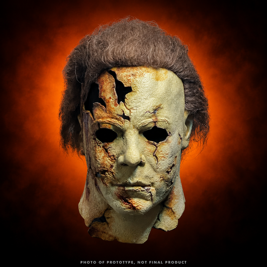 Rob Zombie Halloween II (2009) Dream Mask against Halloween orange gradient background; photo of prototype, not final product