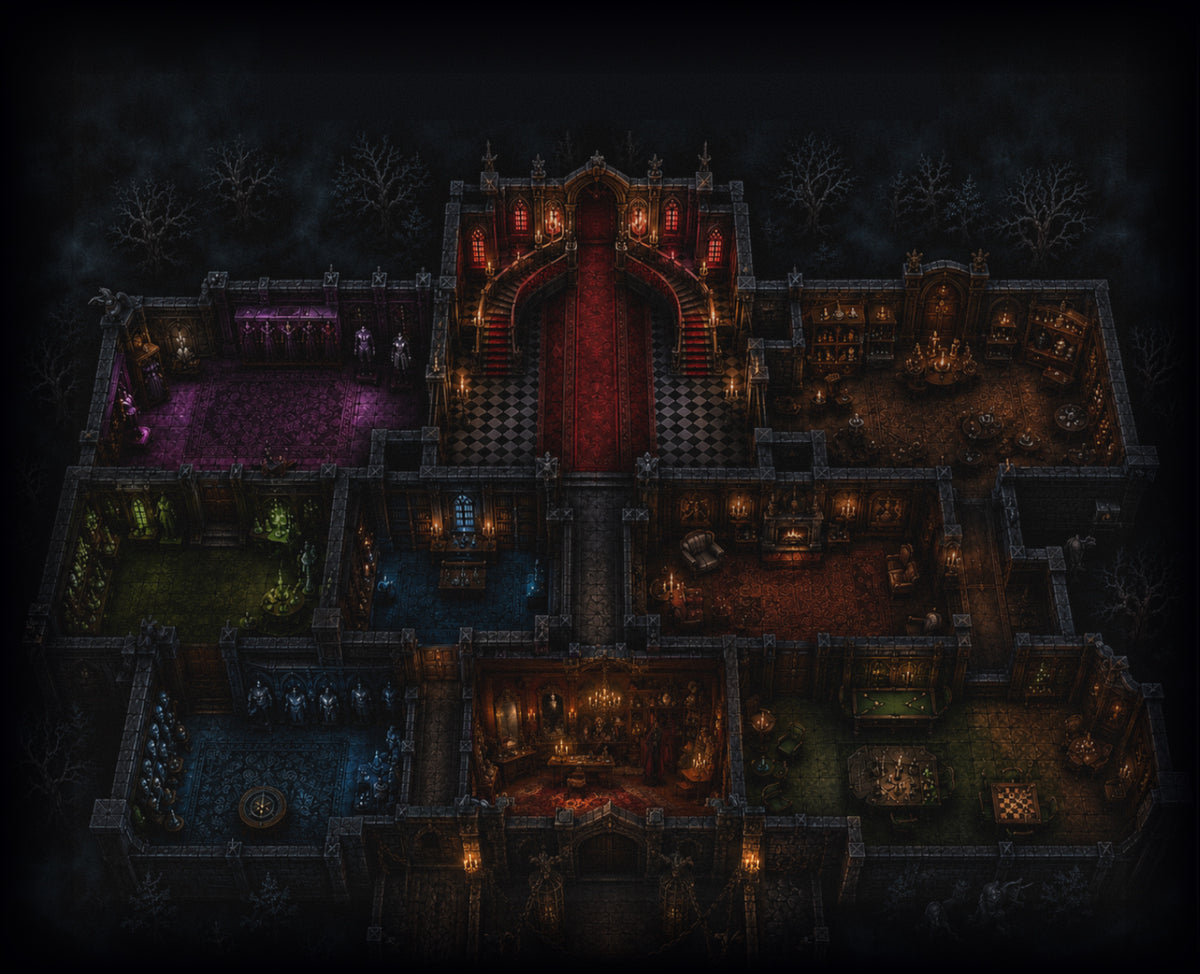 Isometric cutaway illustration of Fright Delights manor with labeled rooms
