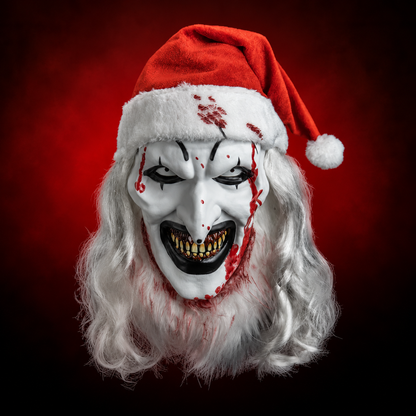 Santa Art the Clown Deluxe Injection Mask from Terrifier 3, front view against red radiant background