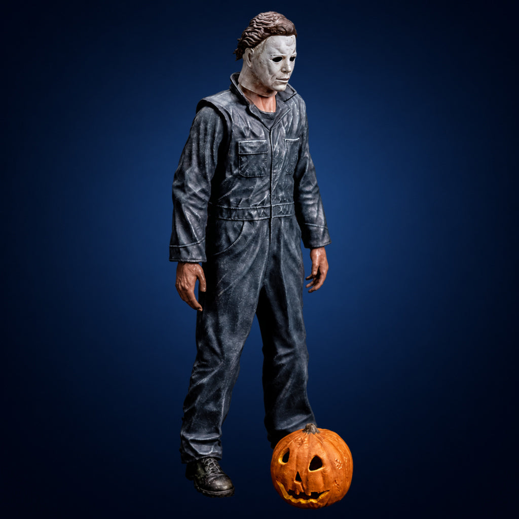 Scream Greats Halloween Michael Myers 8-inch figure – figure and pumpkin view on dark midnight-blue gradient