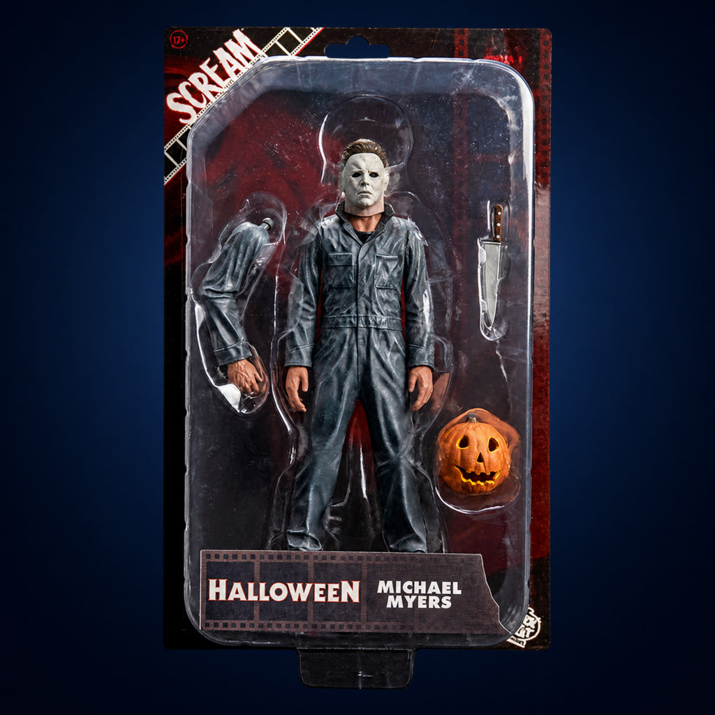 Scream Greats Halloween Michael Myers 8-inch figure – packaging view on dark midnight-blue gradient
