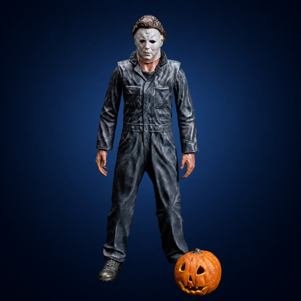 Scream Greats Halloween Michael Myers 8-inch figure – figure and pumpkin view on dark midnight-blue gradient