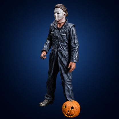 Scream Greats Halloween Michael Myers 8-inch figure – figure and pumpkin view on dark midnight-blue gradient