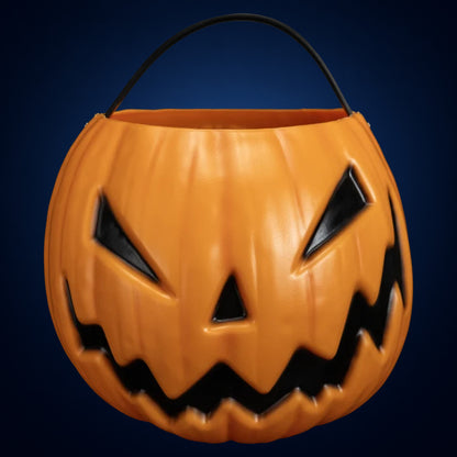 Sleepy Hollow Pumpkin candy pail – front view on midnight-blue gradient