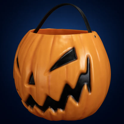 Sleepy Hollow Pumpkin candy pail – opposite angled front view on midnight-blue gradient