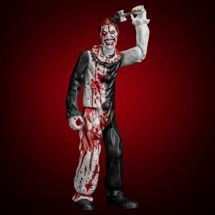 Terrifier 2 Eye Popping Art the Clown 5-inch figure – view 6 on dark crimson gradient