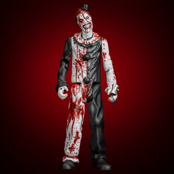 Terrifier 2 Eye Popping Art the Clown 5-inch figure – view 7 on dark crimson gradient