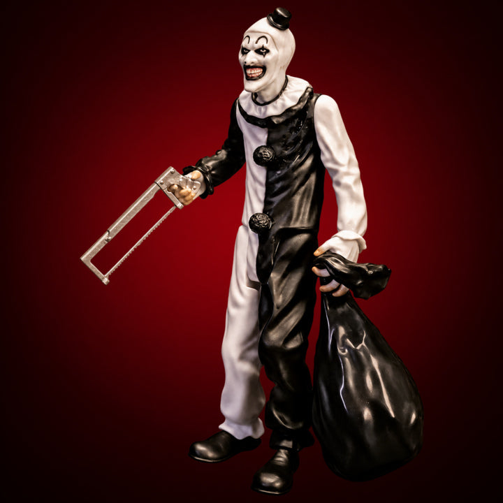 Terrifier Art the Clown 5-inch figure – figure view 1 on dark crimson gradient