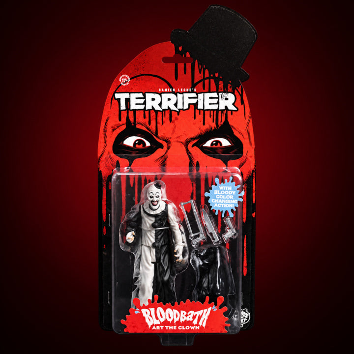 Terrifier Art the Clown 5-inch figure – packaging view 11 on dark crimson gradient
