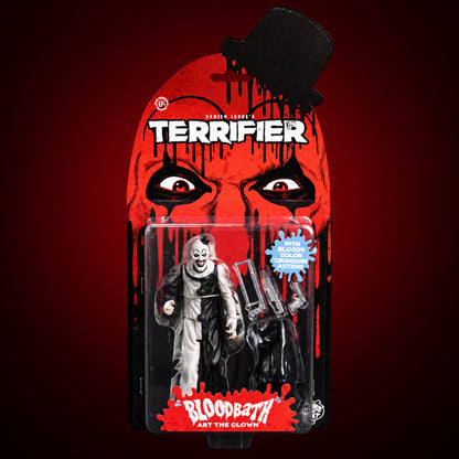 Terrifier Art the Clown 5-inch figure – packaging view 11 on dark crimson gradient