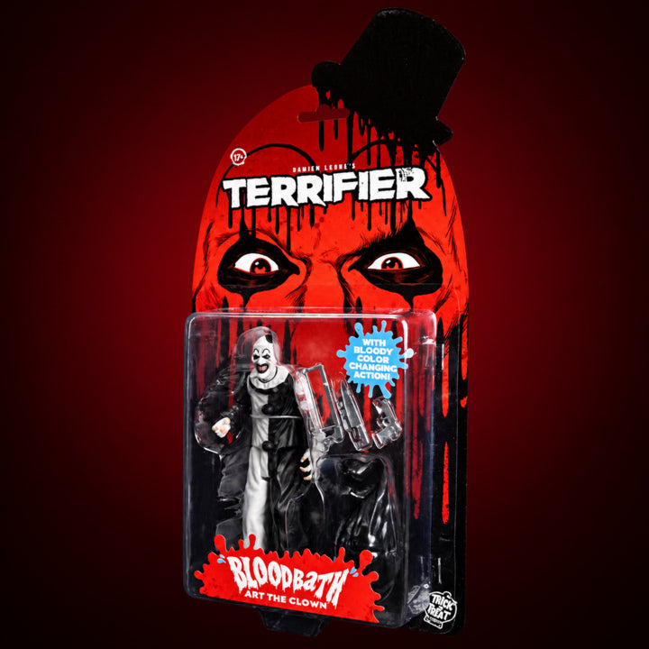 Terrifier Art the Clown 5-inch figure – packaging view 12 on dark crimson gradient
