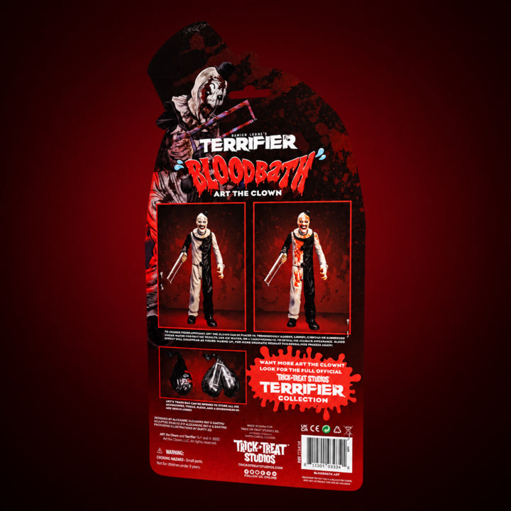 Terrifier Art the Clown 5-inch figure – packaging view 13 on dark crimson gradient