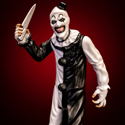 Terrifier Art the Clown 5-inch figure – figure view 2 on dark crimson gradient