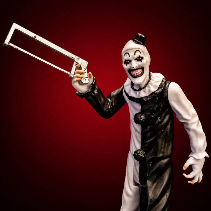 Terrifier Art the Clown 5-inch figure – figure view 3 on dark crimson gradient