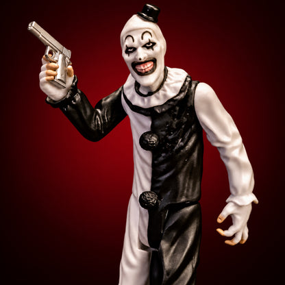 Terrifier Art the Clown 5-inch figure – figure view 4 on dark crimson gradient