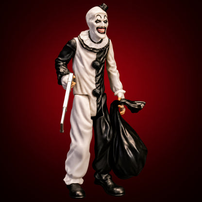 Terrifier Art the Clown 5-inch figure – figure view 6 on dark crimson gradient