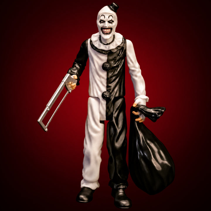 Terrifier Art the Clown 5-inch figure – figure view 7 on dark crimson gradient