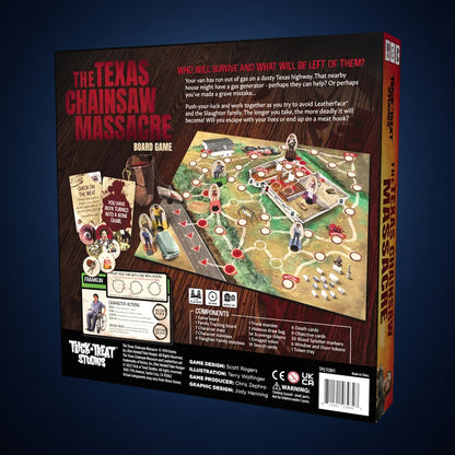 Texas Chainsaw Massacre Board Game – back packaging on dark slate-blue gradient