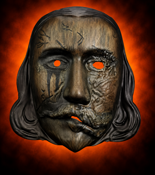 Thanksgiving John Carver Burnt Mask against Halloween orange gradient, visible through eye and mouth openings