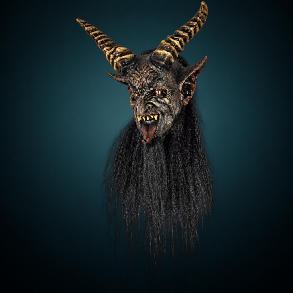 The Krampen mask, view 1, against a smooth dark slate-teal gradient background