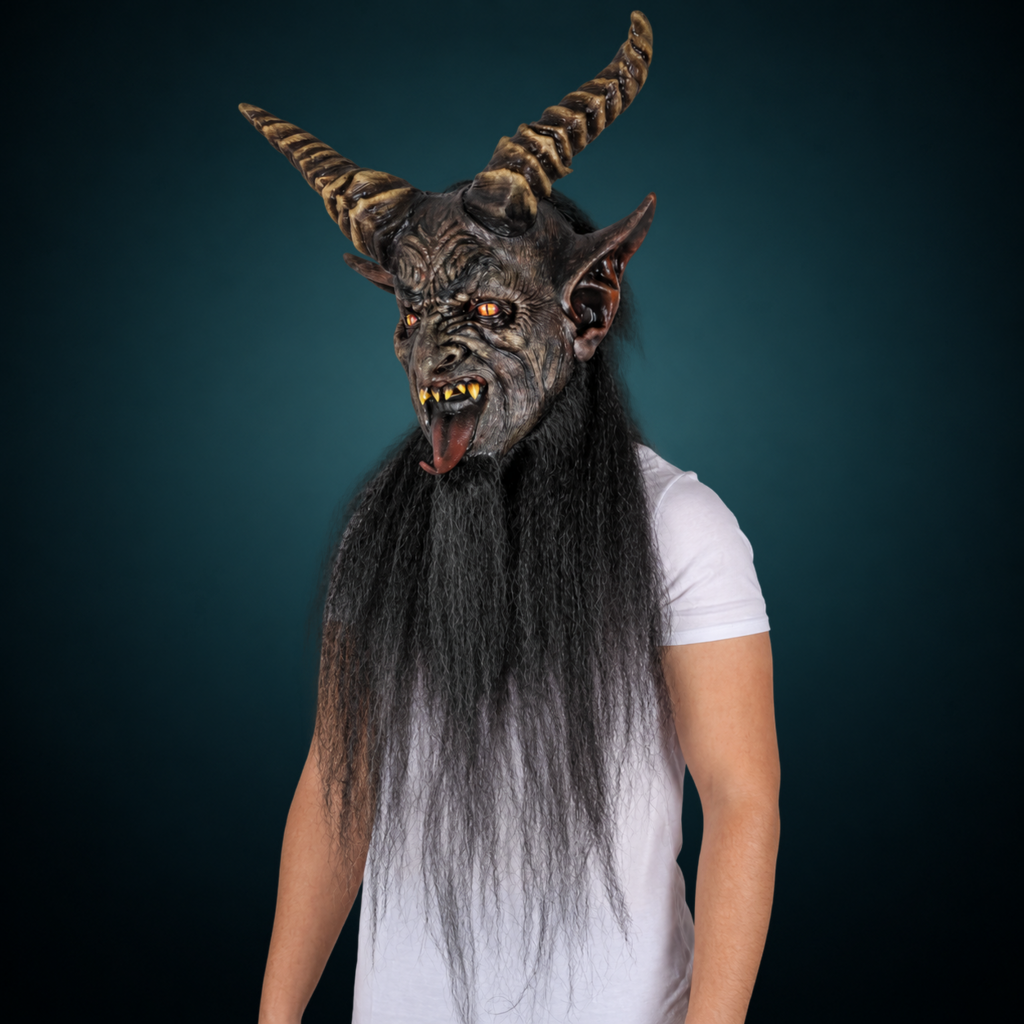 The Krampen mask, view 2, against a smooth dark slate-teal gradient background