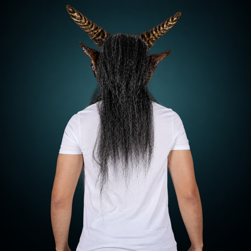 The Krampen mask, view 5, against a smooth dark slate-teal gradient background