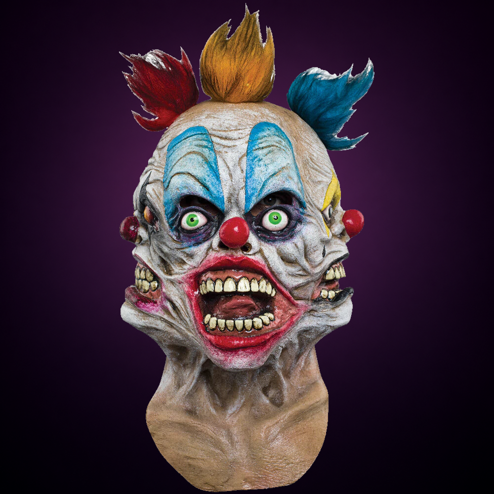 Tripolar Clown mask, view 1, against consistent smooth dark aubergine gradient
