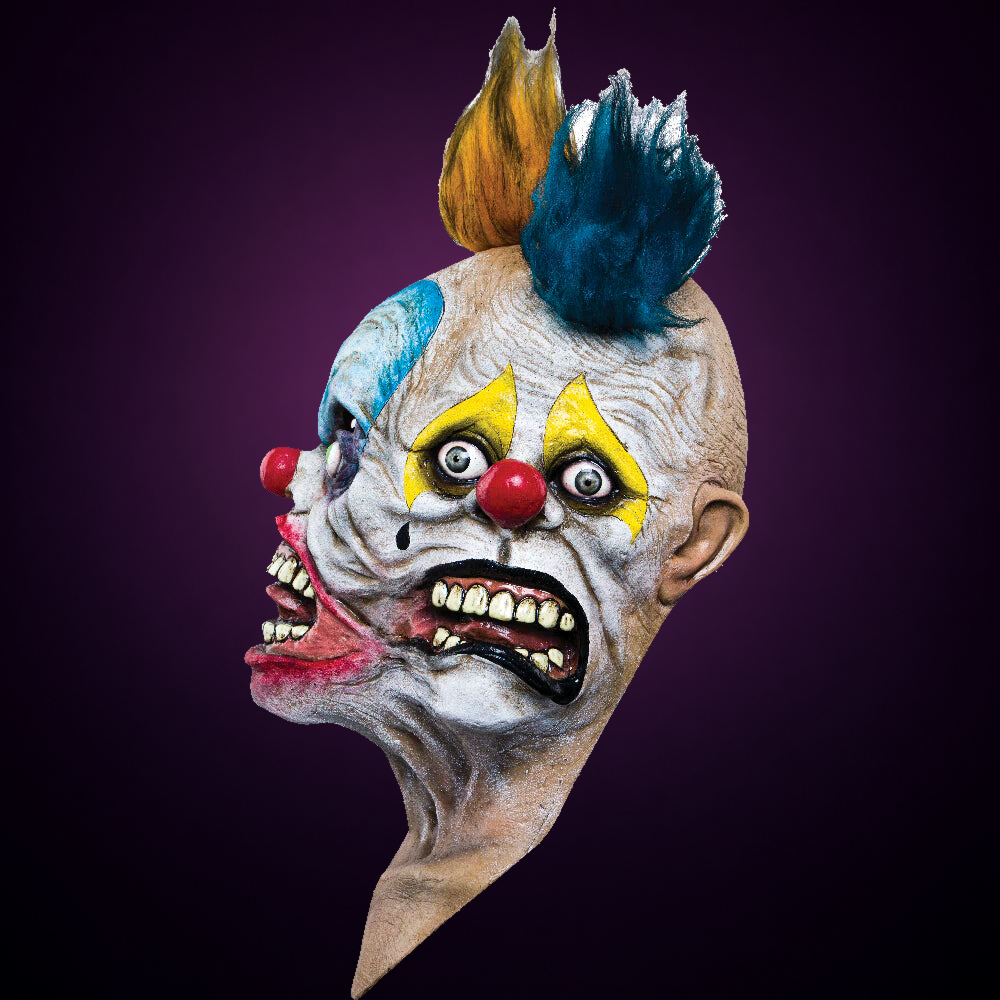 Tripolar Clown mask, view 3, against consistent smooth dark aubergine gradient
