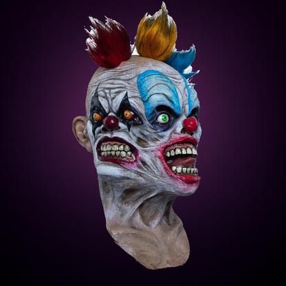 Tripolar Clown mask, view 4, against consistent smooth dark aubergine gradient