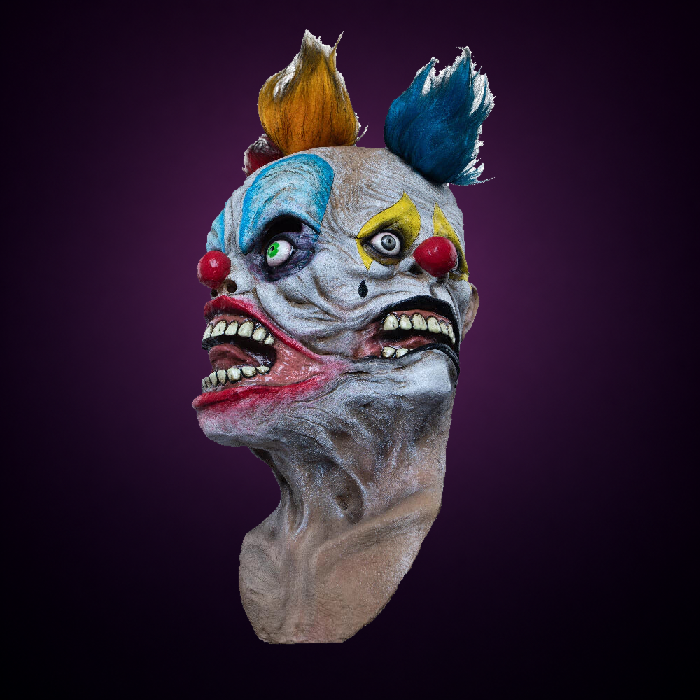 Tripolar Clown mask, view 5, against consistent smooth dark aubergine gradient